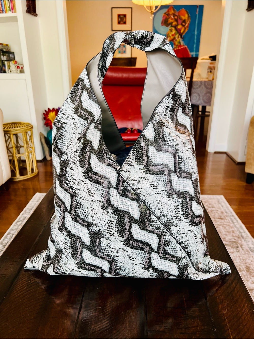 Origami Snake Print Hobo Tote Bag Faux Leather Oversized Slouchy Purse